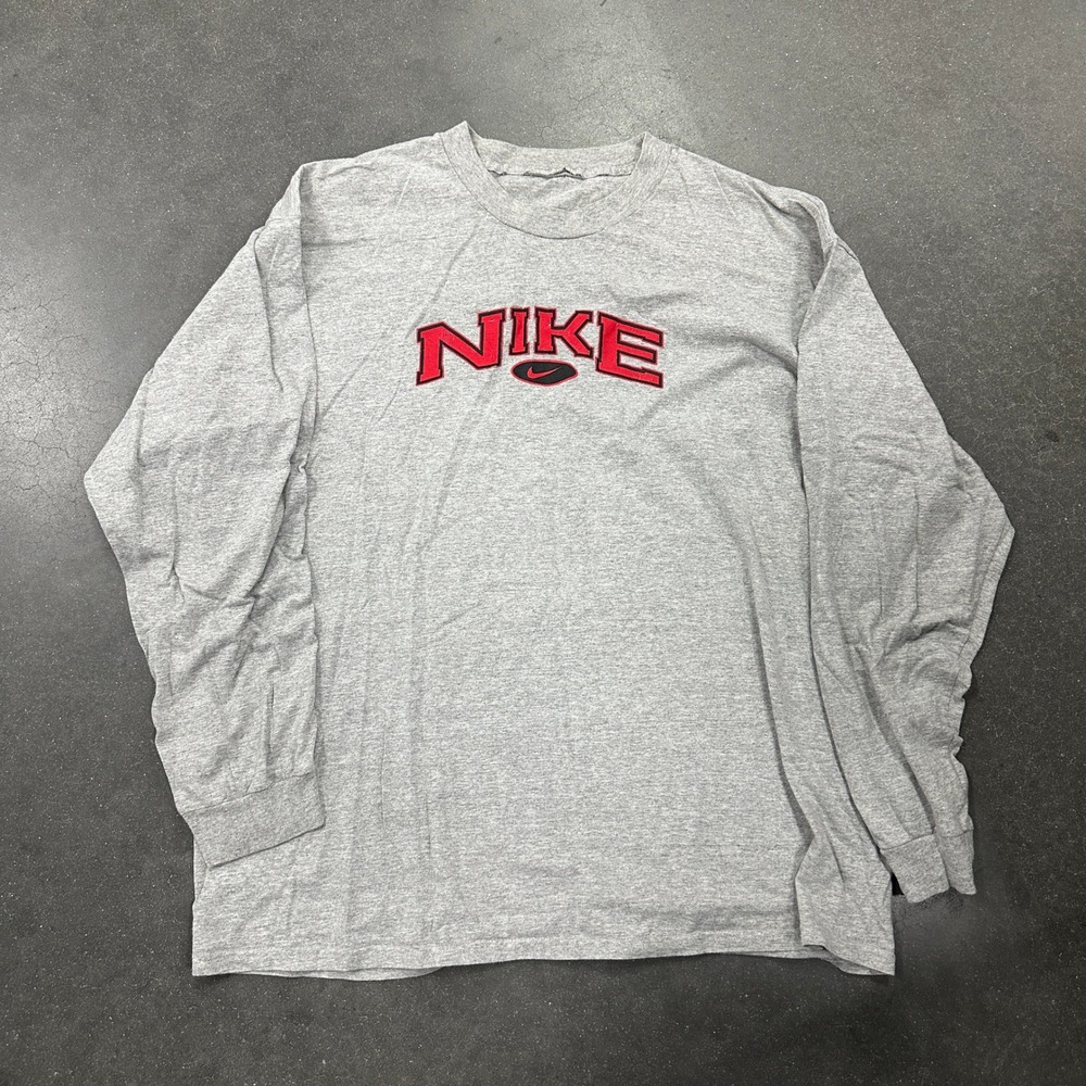 Vtg 90s Nike Mens Long Sleeve Spellout Logo T-Shirt Heather Gray Red Black L